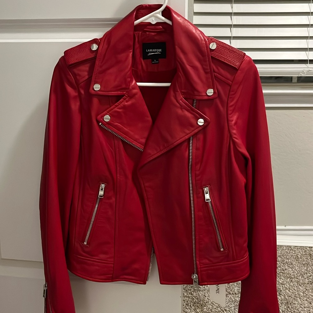 LAMARQUE Red Leather Moto Jacket – Women’s Size S,Biker Style